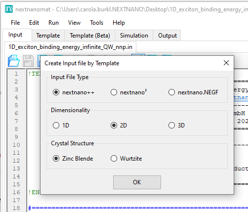 Image of dialog for the selection of the input file type and requirements